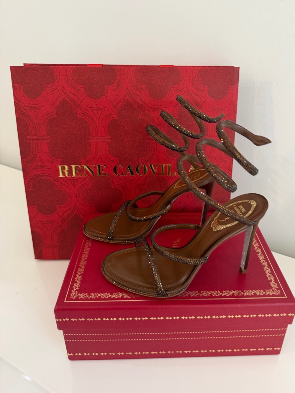 Brand New Rene Caovilla Brown Crystal Spiral-Strap Heels - Picture 3 of 4